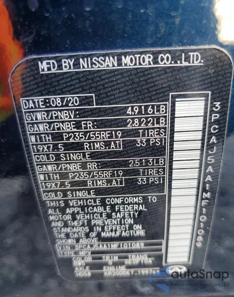 2021 Infiniti Qx50 Pure z USA, uszkodzony, nr VIN 3PCAJ5AA1MF101089